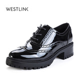 Westlink西遇2016秋季新款漆皮布洛克女鞋圆头中跟系带深口女单鞋