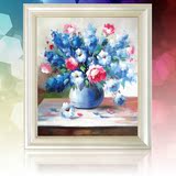 最新款5D魔方圆钻钻石画蓝色芬芳绽放花瓶花朵贴钻十字绣客厅卧室