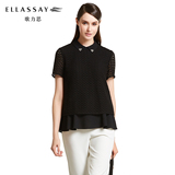 【新品】ELLASSAY/歌力思2016春夏女装 黑色镂空拼接雪纺短袖衬衫