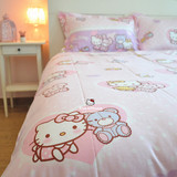 淡粉色卡通猫咪和小兔纯棉全棉床上用品四件套床单床笠