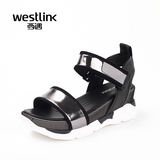 Westlink西遇女鞋2016夏季新款真皮圆头厚底魔术贴运动底女凉鞋