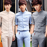 夏款韩版时尚彩条装饰中袖男衬衫英伦百搭中袖男衬衣夏季男士短袖