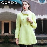 CCDD2015冬新女高腰修身含毛领羊毛混纺大衣中长外套C44D310