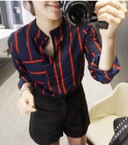韩国东大门女装2015秋装撞色细条纹宽松舒适长袖衬衫衬衣女