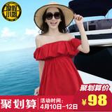 海边度假夏性感沙滩裙短裙露肩一字领连衣裙雪纺红色荷叶边海滩裙