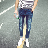 夏季男士破洞设计款牛仔裤 修身小脚浅色弹力牛仔裤男生nzk长裤子