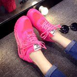 16夏季原宿女骚粉荧光亮色运动鞋玫红气垫增高网布透气跑步学生鞋