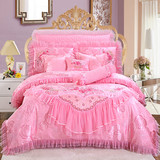 公主风大红婚庆四件套 贡缎提花粉色结婚床罩被套1.8m四件套特价