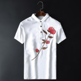 新品中国风男装夏季韩版修身短袖玫瑰花刺绣T恤薄款提花批发复古