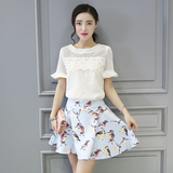韩版女装春装娇小矮个子150cm显高小码XS加小号蕾丝印花套装