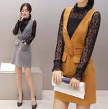 秋冬新款韩版修身蕾丝长袖打底衫毛呢背带裙两件套连衣裙套装女冬