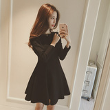 2016年秋冬季新款韩版小黑裙圆领长袖收腰打底连衣裙子女大码短裙