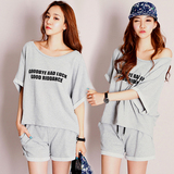 夏季韩版纯棉睡衣女短袖短裤套头圆领蝙蝠袖字母运动家居服套装春