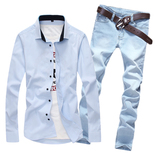 秋季新款修身男士衬衫长袖学生外套潮韩版青少年休闲牛仔裤一套装