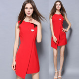 欧美2016夏装新品红色无袖气质修身圆领A字连衣裙 中长款裙子女夏