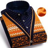 曼卡绒男士保暖衬衫冬季新款加绒加厚针织假两件时尚休闲保暖衬衣