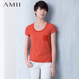 Amii2016春夏新棉质t恤女短袖圆领简单修身显瘦短款纯色打底衫