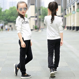 秋款童装韩版女童纯色字母长袖t恤运动女中童两件套休闲卫衣套装