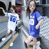 哈尼小熊女童短袖T恤夏装2016新款 韩版50字母条纹长款T恤棒球衫