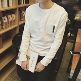 2016春季新款棉麻长袖T恤款衬衫男装以纯棉为主修身圆领衬衣青年