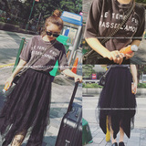 2016春装新款韩版套头丝绒字母印花T恤+半身蓬蓬裙学生两件套装女