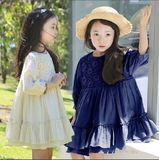 韩国外贸童装2016春夏女童连衣裙长袖中大童纯棉蕾丝蛋糕裙公主裙
