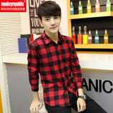 薄款韩版男士休闲黑红格子长袖衬衫青少年中学生衬衣潮流磨毛寸衫