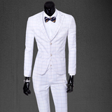 白色男士结婚西服套装3件套英伦韩版潮流格子小西装新郎礼服一身