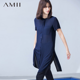 Amii[极简主义]2016夏女新款纯色短袖衬衫上衣薄中长款雪纺衫开衫