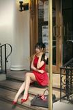 韩国品牌尖头浅口细跟红色婚宴鞋 蝴蝶结镂空高跟单鞋32-42大小码
