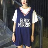 韩版夏季女装新款宽松拼接v领假两件短袖棒球衫中长款篮球服棉T恤
