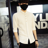 韩国代购衬衣男修身七分袖 男士白色衬衫青年中袖衫 亚麻韩版男装