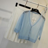 夏季新品女式日韩系棉麻超薄透明针织衫防晒衫七分袖短款木扣开衫