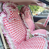 蕾丝汽车坐垫可爱女士车用座垫四季通用韩国时尚红格汽车座垫坐套