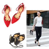 出口外贸日本日系尖头女夏季交叉绑带平底舒适包头百搭红黑色凉鞋