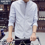 夏季男士立领衬衫韩版修身长袖条纹潮流休闲衬衣男装薄款防晒衣服