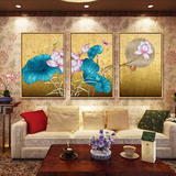 客厅装饰画 沙发背景新中式简约挂画高端金箔画泰式油画荷花 三联