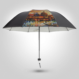 创意折叠油画黑胶太阳伞超强防晒50防紫外线晴雨伞三折遮阳伞男女