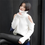 韩国进口女装正品代购2015冬装新款高领性感露肩套头毛衣针织衫潮