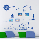 蓝色地中海风格灯塔海鸥帆船宿舍卧室沙发背景墙贴纸相片照片贴画