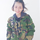 韩版ulzzang16春季新款学院风七分袖复古迷彩短外套开衫夹克女潮