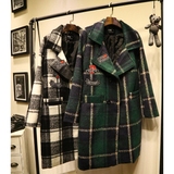 欧洲站冬韩版新款苏格兰格子印花保暖羊绒毛呢中长款修身外套女装