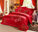 婚庆四件套大红色床品全棉贡缎提花刺绣结婚床上用品床单式中国风