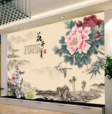 中式古典花开富贵无缝墙纸壁画 大型办公室客厅装饰画 壁画背景墙