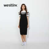 Westlink/西遇2016春季新款 字母织带针织直筒包臀中长款女背带裙
