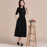 2016春夏季新款短袖连衣裙韩版修身显瘦气质百褶裙子大码女装黑色