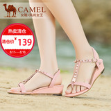 【热卖】Camel骆驼女鞋 时尚清新 羊皮水钻扣带坡跟夹趾凉鞋
