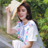 LRUD2016夏季新款韩版民族风圆领流苏拼接连衣裙女宽松高腰打底裙