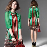2015新款高档真丝裙时尚欧洲站气质七分袖绿色印花桑蚕丝连衣裙
