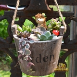 多肉植物花盆做旧麻绳木桶提手可悬挂美式乡村木花盆熊的私家花园